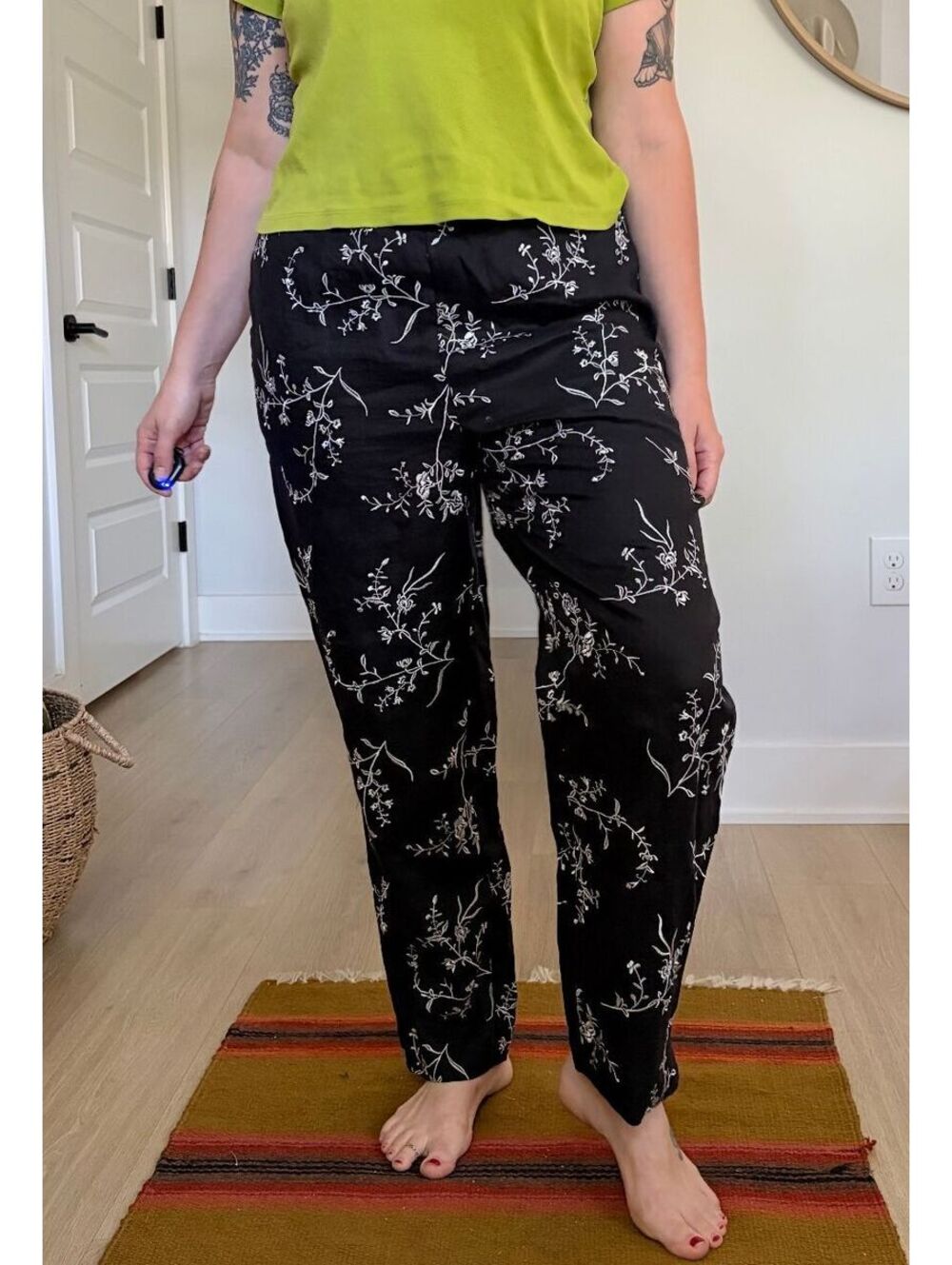 High Waisted Trousers Cigarette Pants Black with White Floral Embroidery
